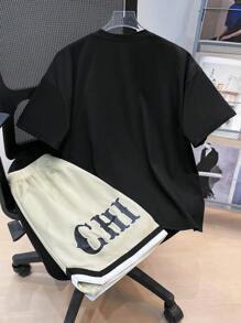 SHEIN 青少年男童宽松街头风短袖短裤套装 - 黑色 - 查看 6