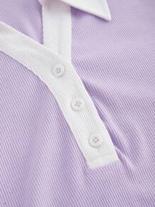SHEIN MOD Váy cổ cài nút phía trước màu hoa cà và trắng tương phản theo phong cách Preppy - Màu Lilac Tím - Xem 3