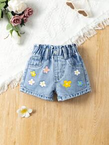 Shorts vaqueros informales de corte casual con cintura elástica y estampado floral en azul claro para bebé niña - Azul lavado medio - Ver 3