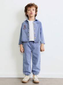 SHEIN Setelan Jaket Denim Saku Bergambar Potret Anak Laki-Laki dan Celana Jeans Pinggang Elastis, Kasual untuk Musim Semi dan Musim Dingin - Biru - View 1