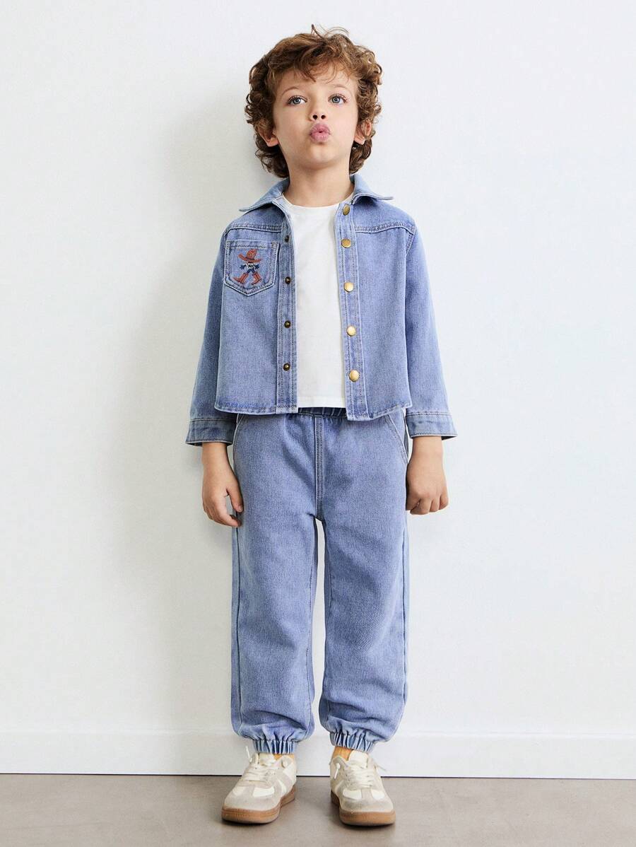 SHEIN Setelan Jaket Denim Saku Bergambar Potret Anak Laki-Laki dan Celana Jeans Pinggang Elastis, Kasual untuk Musim Semi dan Musim Dingin - Biru - View 1