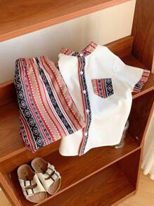 2 Pieces Set Of Young Boy Casual Geo Print Standing Collar Shirt And Shorts Set Suitable For Birthday Parties - White - View 1