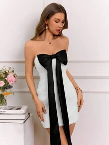 SHEIN VCAY 女士纯色蝴蝶结装饰短款迷你连衣裙 - 米色 - 查看 3