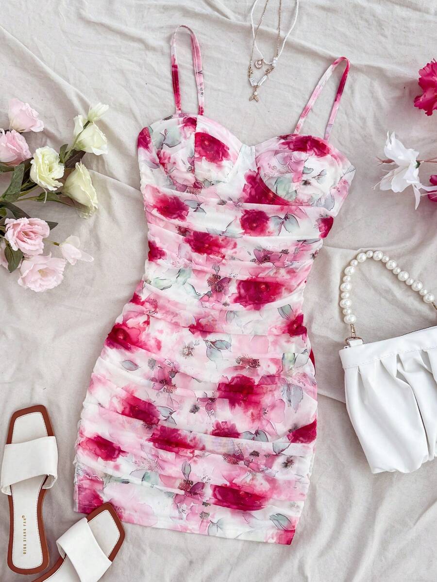Soleia Women's Holiday Pink Romantic Mesh Printing Ruched Strap Mini Dress, Can Be Worn Indoors Or Outdoors, For Party, Date, Afternoon Tea, Beach, Summer Outfit - Multicolor - View 1