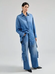 Ontre 女士牛仔衬衫，休闲修身长袖，蓝色 - 中等水洗藍 - 查看 3