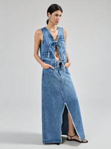 Ontre Women Denim Sleeveless Fitted Vest, Blue - Medium Wash - View 2