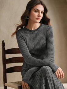 Anewsta Metallic Ribbed Knit Mermaid Dress, Long Sleeve - Black - View 7