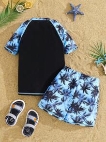 SHEIN 2 件套青少年男孩休闲字母和棕榈树印花泳衣上衣和泳裤套装，非常适合海滩度假、游泳、冲浪，物超所值 - 藍色 - 查看 3