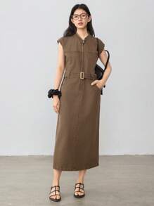 Dazy-Less Business Casual Waist Belt Decor Waist Cinching Ladies Denim Dress - Brown - View 7