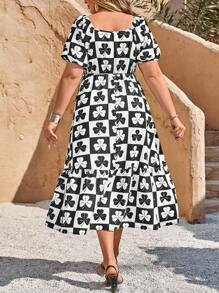 SHEIN Clasi Plus Size Women's Elegant Black & White St. Patrick's Day Clover Puff Sleeve A-Line Midi Dress, Spring/Summer - Black and White - View 2