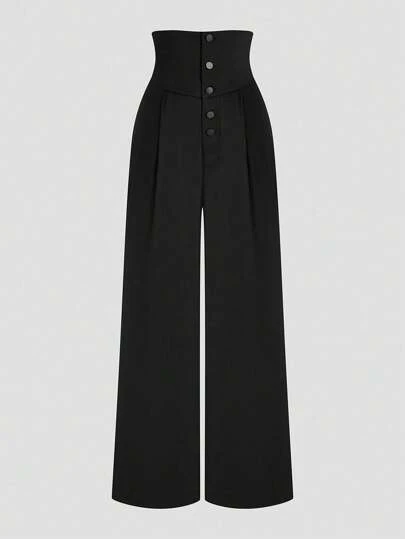 Sweetra 大码纯色前扣褶皱高腰休闲简约裤