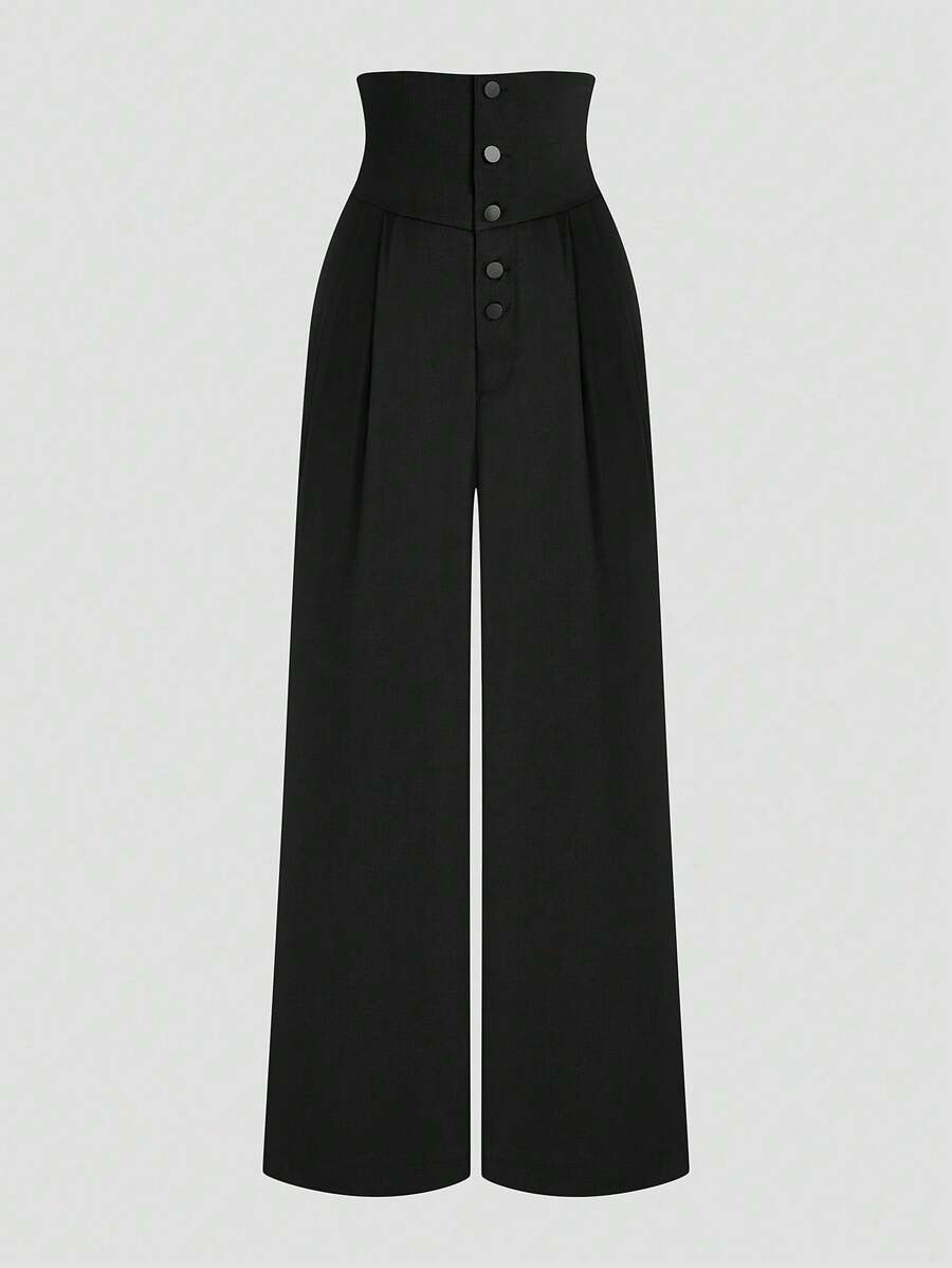 Sweetra Pantalones de talla grande de unicolor, de cintura alta, con pliegues y botones delanteros, de estilo minimalista casual