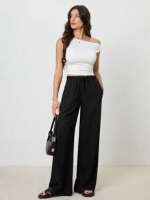 SHEIN Tall 休闲百搭简约纯色阔腿裤 - 黑色 - 查看 4