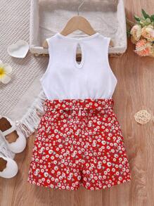 SHEIN Vintaside Kids 年轻女孩碎花连体裤，休闲假日风格 - 酒紅色 - 查看 2