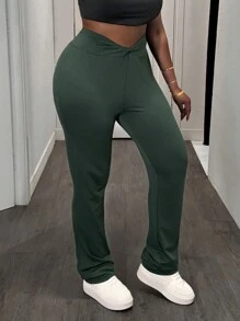 Slaydiva Nuevas mallas ajustadas de talla grande para mujer 2025 Curve con detalles retorcidos en color verde sólido, para uso casual/deportivo/al aire libre