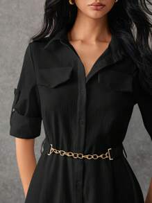 Poéselle Women Solid Color Roll Tab Sleeve Shirt Dress - Black - View 4