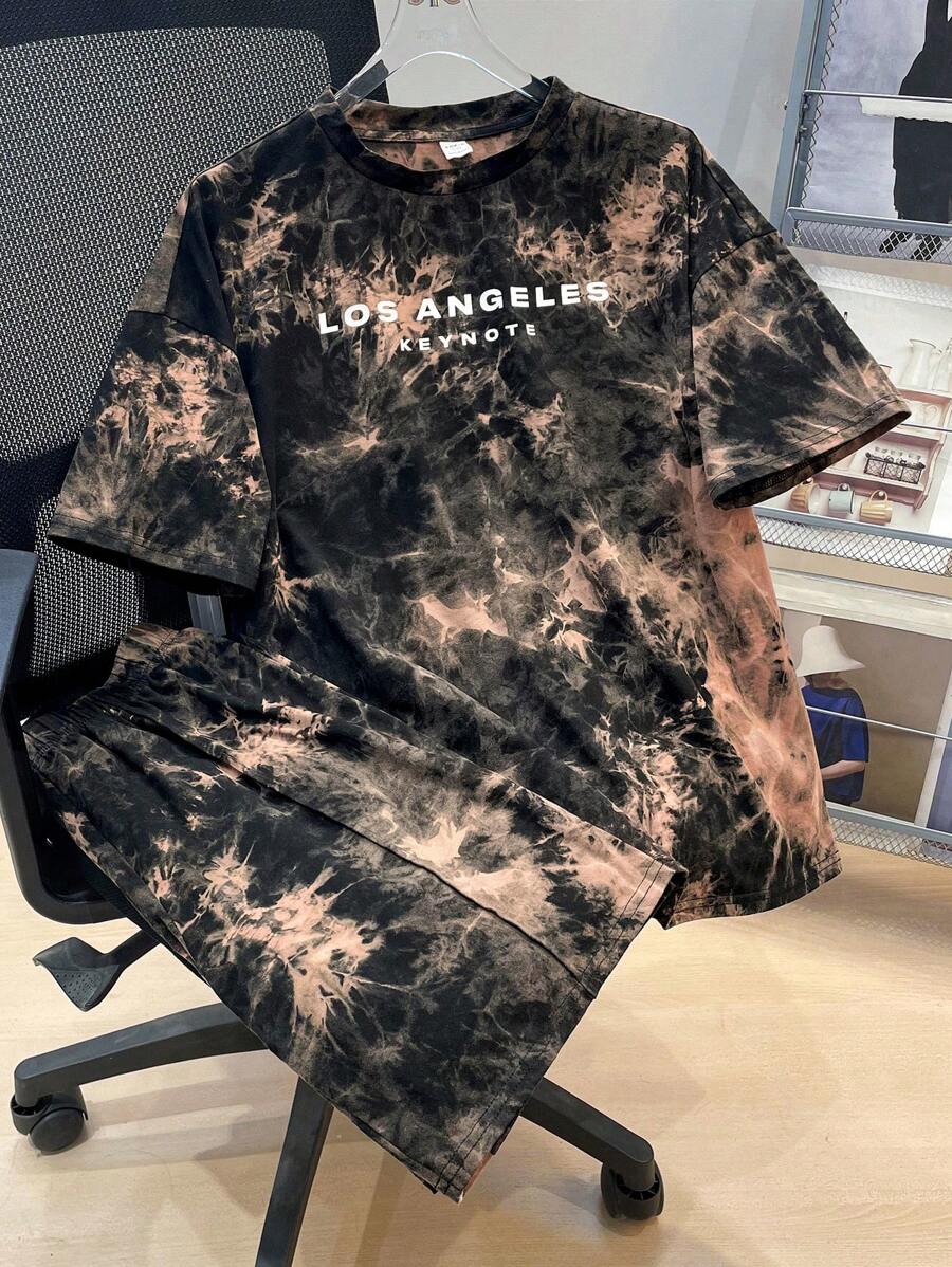 SHEIN 2 Pcs Teen Boy Casual Letter Tie-Dye Print Tshirt And Shorts 2 Pieces Set, Spring Wear; Teen Boys' Clothing; Teen Boy' Jackets, Spring Back To School