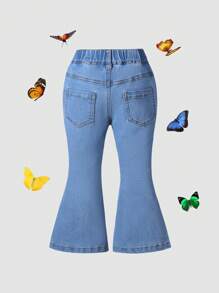 Young Girls Street Style Fashionable Fitted Distressed Color Butterfly Print Flared Mid-Washed Blue Casual Jeans Pants For Spring/Autumn - Medium Wash - View 2