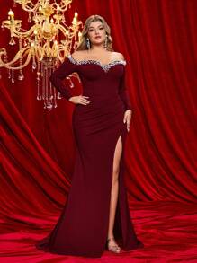 Glamrae Váy Maxi Tay Dài Sang Trọng Thanh Lịch Co Giãn Trễ Vai Đính Ngọc Trai Giả, Đầm Dự Tiệc Cưới, Thích Hợp Cho Đám Cưới, Tiệc Tùng, Ngày Lễ Và Những Dịp Trang Trọng, Đầm Dự Tiệc, Đầm Dạ Hội, Váy - Màu Đỏ Sâu - Xem 7