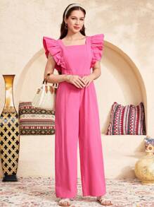 SHEIN Leap Crew Teen Girls' Cute & Cozy Cap Sleeve Square Neck Long Jumpsuit