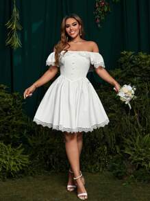 SHEIN Belle 大码露肩蕾丝边收腰 A 字裙，适合度假、约会、聚会 - 白色 - 查看 5