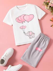 Spring/Summer Casual Cartoon Elephant Print Round Neck Short Sleeve T-Shirt And Shorts Set - Multicolor - View 1