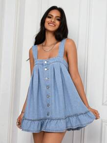 SHEIN PETITE Women's Casual Washed Ruffled Hem Mini Denim Dress - Medium Wash - View 3