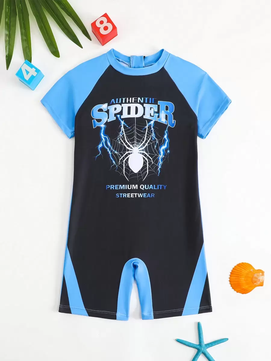 Toddler Boys Cartoon Print Rash Guard Short Sleeve Swimsuit - Multicolor - View 1