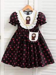 SHEIN رمضان فستان جيرزي منقوش بنمط زهري لفتاة شابة، مزين بطوق وكسرات على الذيل، مريح للخروجات مع حزمة إكسسوارات ، مناسب للاحتفالات المحلية