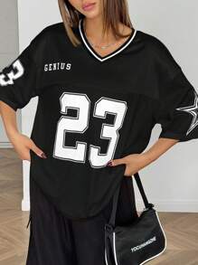 SHEIN Girlism 青少年女孩两件套 - 黑色图案 T 恤和工装裤，带数字和字母印花对比色面板，运动街头休闲装 - 黑色 - 查看 6