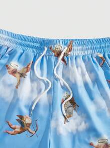 ROMWE MEN Casual Men's Angel Print Drawstring Waist Pocket Shorts, Vacation