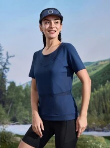 Solid Color Mesh Splice Short Sleeve Sports Fitness T-Shirt - Blue - View 5