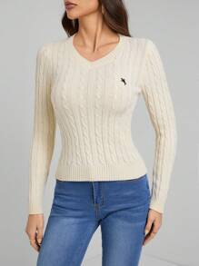 SHEIN Tall Women's Solid V-Neck Long Sleeve Simple Sweater, Casual Everyday Wear - Beige - View 4