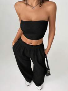 SHEIN PETITE 女士黑色两件套：休闲抹胸和阔腿裤套装，度假装女士 - 黑色 - 查看 3