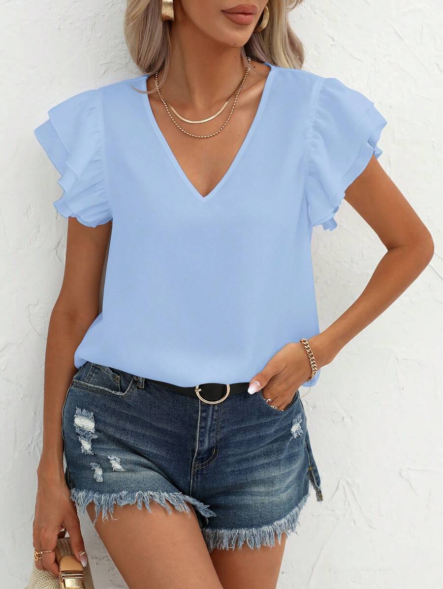 SHEIN Clasi Women's Plain V-Neck Ruffled Short Sleeve Casual Blouse - Blue - View 1