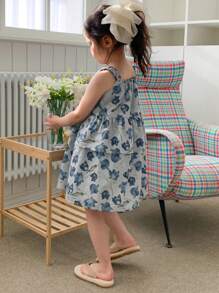 DAZY Floral Print Ruffle Hem Slip Dress For Young Girls,Girls Summer Outfits - Grey - View 5