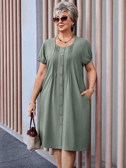 EMERY ROSE Vestido casual de talla grande para mujer, de cuello redondo, manga corta, plisado con bolsillo