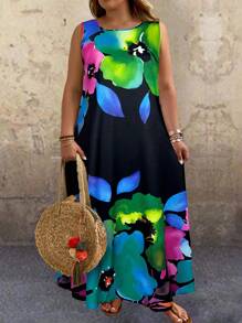 EMERY ROSE Plus Size Summer Sleeveless Floral Print White Dress,Beach Dress Sundress,Holiday Outfits Boho - Green - View 1