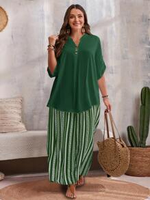 EMERY ROSE Plus Size Women 2pcs Set: Solid Color Cuff Sleeve Shirt & Striped Pants,Holiday Outfits Boho - Dark Green - View 5
