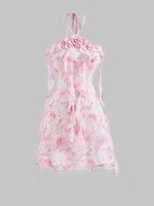 SHEIN MOD Women's Ruffle Halter Dress, Romantic French Style Dress, Pink Dress,Boho Women Clothing,Country Concert,Summer Women Dresses,Easter Women Dress,Valentine Outfits
