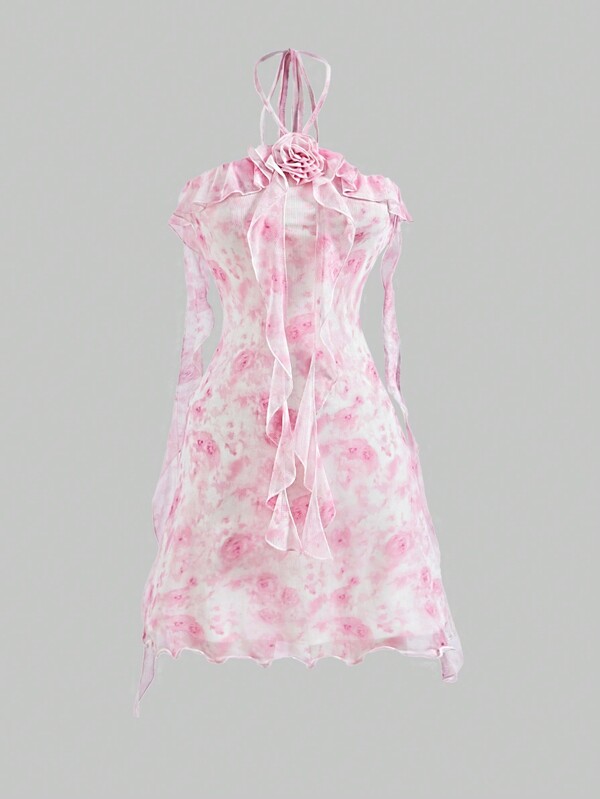 SHEIN MOD Vestido de mujer con volantes tipo halter, vestido de estilo francés romántico, vestido rosado