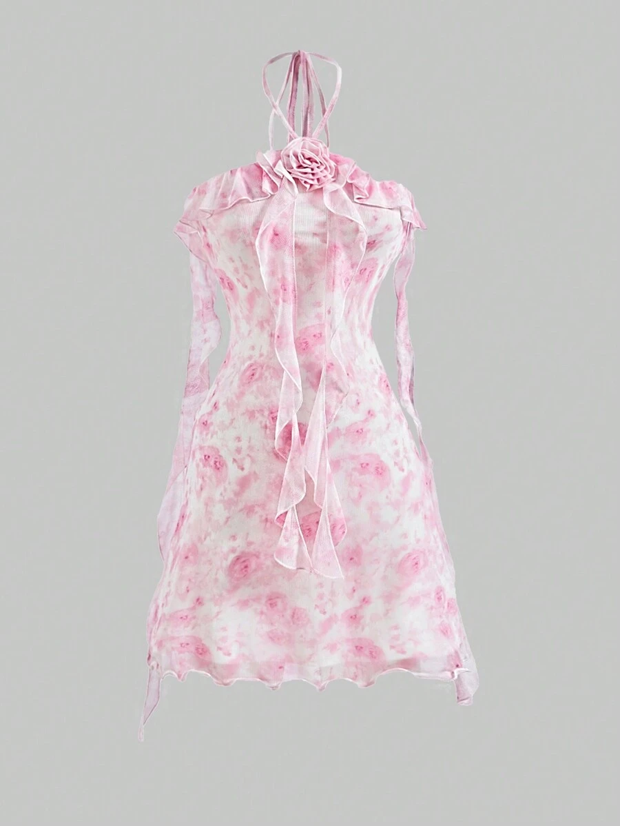 SHEIN MOD Women's Ruffle Halter Dress, Romantic French Style Dress, Pink Dress,Boho Women Clothing,Country Concert,Summer Women Dresses,Easter Women Dress,Valentine Outfits