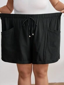 SHEIN CURVE+ Plus Size Solid Color Casual Shorts With Pocket Design, Spring And Summer Boho Vacation - Black - View 9