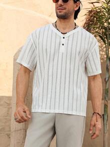 Genlund Men's Solid Color Button-Up V-Neck Short Sleeve Casual T-Shirt - White - View 5