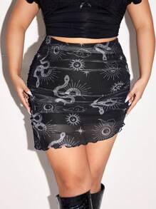 SHEIN ICON Plus Size Asymmetrical Hem Ruched Net Fabric Star & Snake Print Mini Skirt, Y2K Punk Dark Style - Black and White - View 1