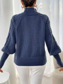 Women Plus Size Casual Solid Color Knitted Pullover Sweater, Versatile, High Neck, Long Sleeve - Blue - View 2