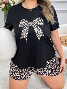 Plus Size Leopard Bow Print Crew Neck Short Sleeve Top & Shorts Pajama Set, Outfits - Black - View 1