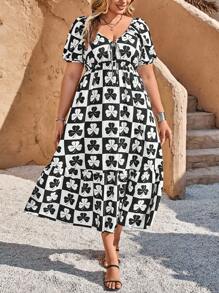 SHEIN Clasi Plus Size Women's Elegant Black & White St. Patrick's Day Clover Puff Sleeve A-Line Midi Dress, Spring/Summer - Black and White - View 3