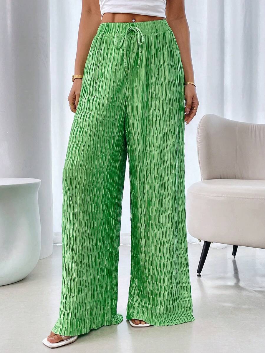 SHEIN Unity 女式纯色腰带纹理阔腿裤 - 綠色 - 查看 1