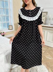 CottageSlumber Contrast Color Ruffle Patchwork Heart Print Half-Button Puff Sleeve Loose Long Nightgown - Black - View 4